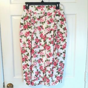 Rumours vintage pink and green floral rose button pleated midi pencil skirt